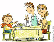 Les enfants à table ! Et si on faisait baisser la pression ? - Supplément parents Pomme d'Api - Février 2014 - Illustrations Peter Elliot