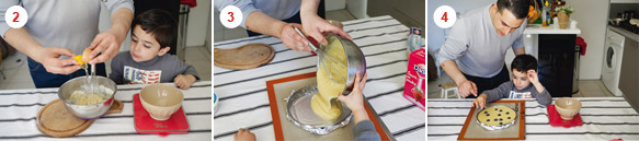 2-3-4. Mélangez les blancs d’oeufs avec les poudres, puis ajoutez le beurre noisette en plusieurs fois. Quand le mélange est homogène, versez-le dans un moule puis parsemez la pâte de myrtilles. © Hélène David