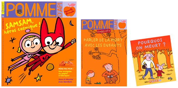 Couverture du numéro de novembre 2016 du magazine Pomme d’Api ; couverture du supplément pour les parents “Parler de la mort avec les enfants” et du livret détachable “Pourquoi on meurt ?” à destination des enfants.