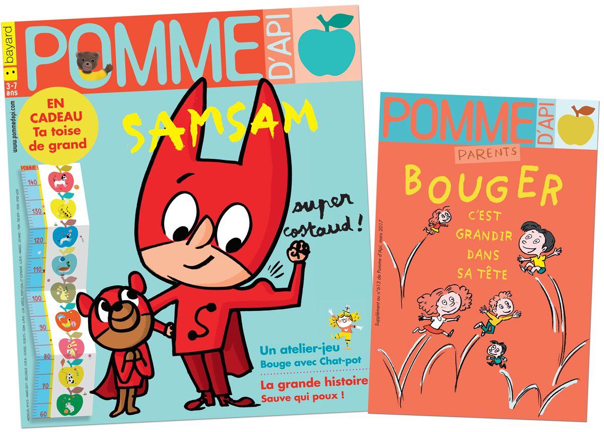 Le numéro de mars du magazine Pomme d’Api pour les 3-7 ans et son supplément pour les parents