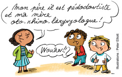 “Tu fais quoi à ton travail ? - Vie professionnelle, métier… Comment en parler à son enfant ?” Texte : Anne Bideault - Illustrations : Peter Elliott - Supplément pour les parents du n° 596 de Pomme d’Api, octobre 2015