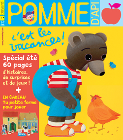 Couverture du magazine Pomme d'Api, spécial été, du mois de juillet 2017 - En cadeau une petite ferme pour jouer avec Petit Ours Brun