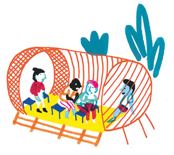 “Le tour de France des idées de sorties”, supplément pour les parents du magazine Pomme d'Api n° 641, juillet 2019. Texte : Joséphine Lebard. Illustrations : Camille de Cussac.