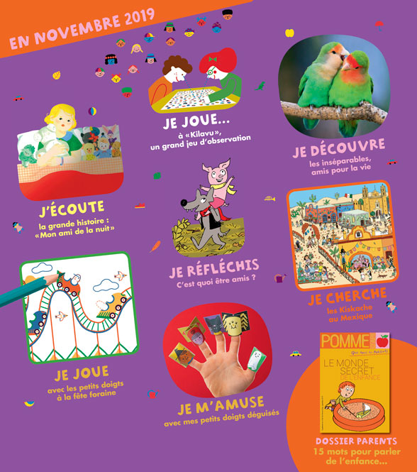 Sommaire du magazine Pomme d'Api et son supplément pour les parents, n°645, novembre 2019