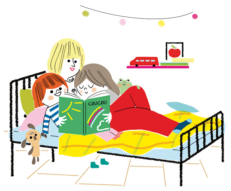 “Lire avec son enfant, pourquoi c'est important”, supplément pour les parents du magazine Pomme d'Api n°647, janvier 2020. Texte : Joséphine Lebard. Illustrations : Sophie Bouxom.