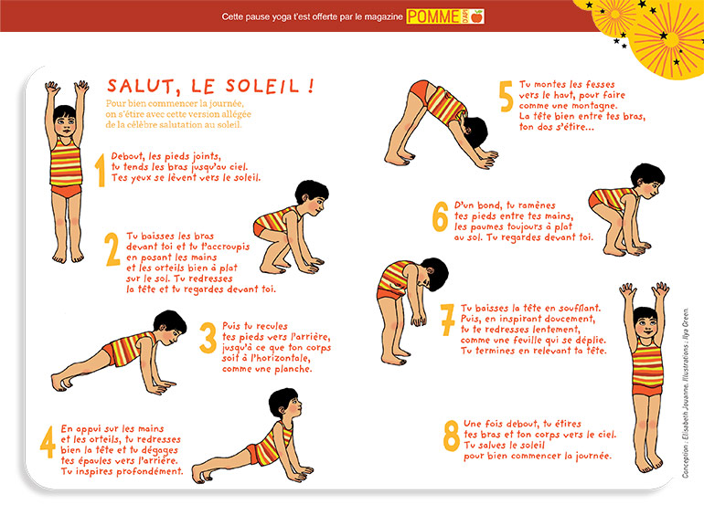 “Et si on se mettait ensemble au yoga ?, supplément pour les parents du magazine Pomme d'Api n°568, juin 2013. ” Conception : Elisabeth Jouanne. Illustrations : Ilya Green.