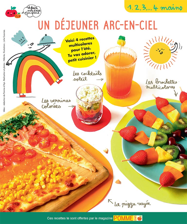 “Un déjeuner arc-en-ciel”, Pomme d’Api n°653, juillet 2020. Idées : rédaction de Pomme d’Api. Réalisation et photos : Hélo-Ita. Illustrations : Julie Escoriza.