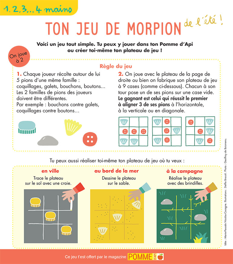 “Ton jeu de morpion de l’été”, Pomme d’Api n°653, juillet 2020. Idée : Marie-Pascale Nicolas-Cocagne. Illustrations : Steffie Brocoli. Photo : Geoffroy de Boismenu.