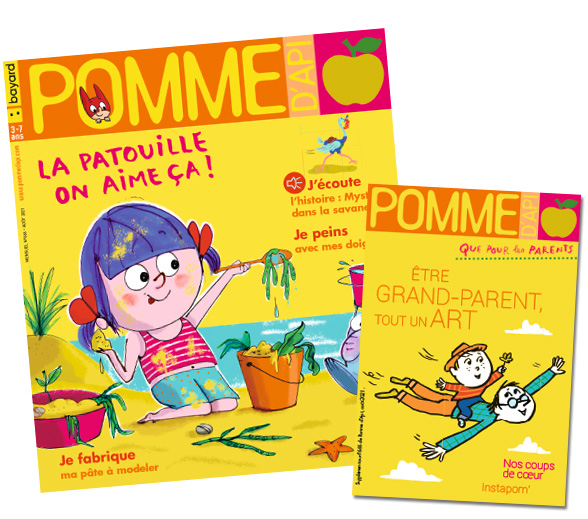 Couverture du magazine Pomme d'Api, n°666, août 2021, et son supplément pour les parents “Être grand-parent, tout un art”