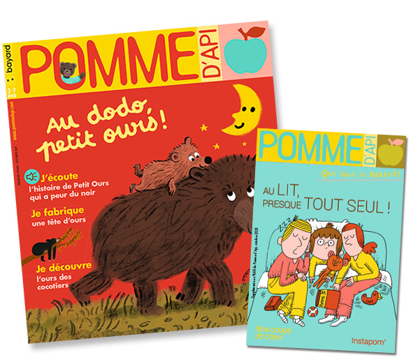 Couverture du magazine Pomme d'Api, n°668, octobre 2021, et son supplément pour les parents “Au lit, presque tout seul !”