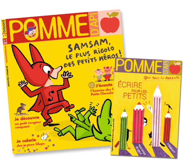 Couverture du magazine Pomme d'Api, n°668, octobre 2021, et son supplément pour les parents “Écrire pour les petits”