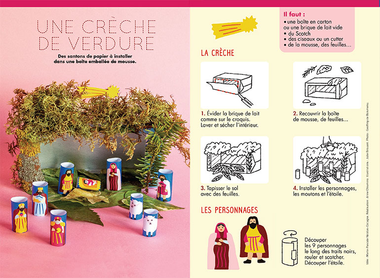 © “Bricolage de Noël : une crèche de verdure”, Pomme d'Api n°670, décembre 2021. Photo : Geoffroy de Boismenu. Illustrations : Julie Brouant.