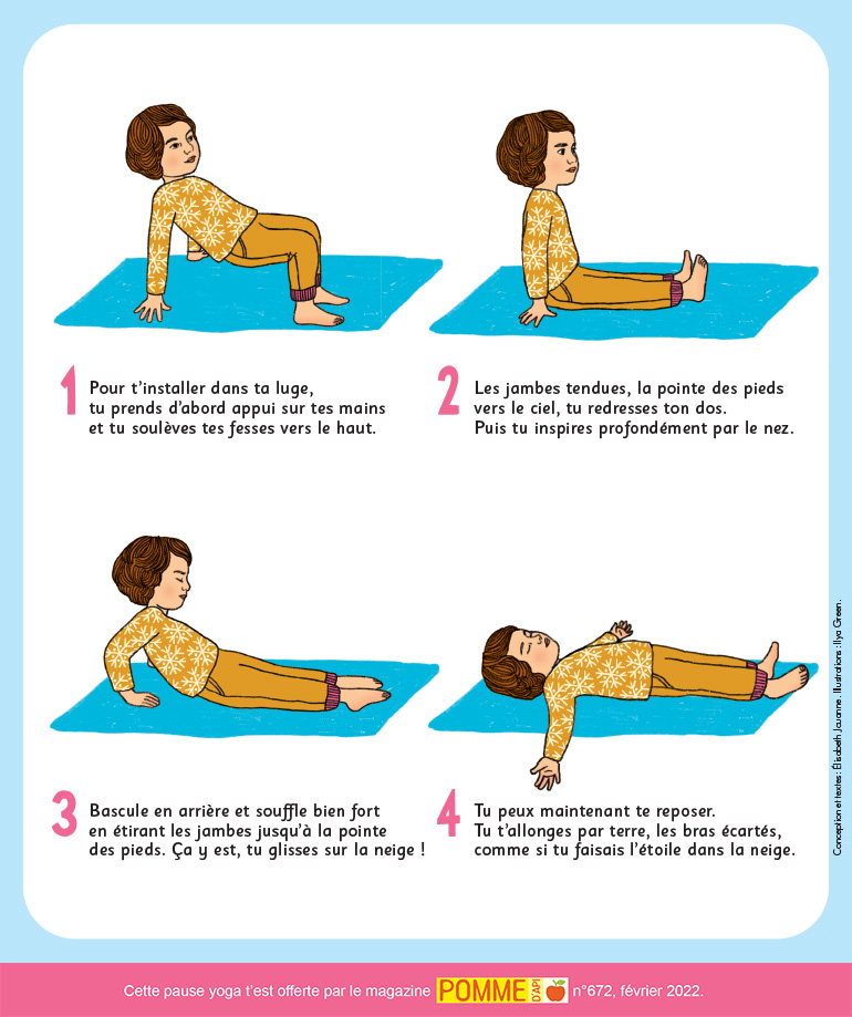 Pause yoga : glisse, petite luge ! Pomme d’Api, n°672, février 2022. Illustration : Ilya Green. 