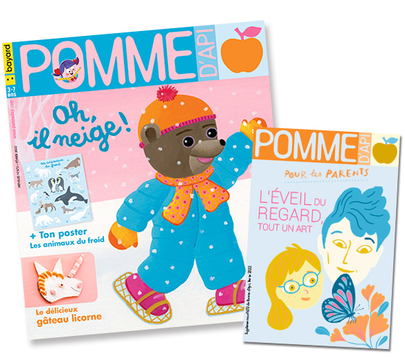 Couverture du magazine Pomme d'Api, n°672, février 2022, et son supplément pour les parents : “L'éveil du regard, tout un art”