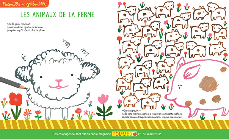 Coloriages et jeux : les animaux de la ferme. Pomme d’Api n°673, mars 2022. Illustrations : Carolyn Gavin.