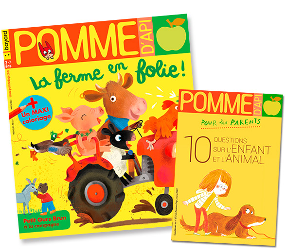 Couverture du magazine Pomme d'Api et son supplément pour les parents, n°673, mars 2022 - La ferme en folie