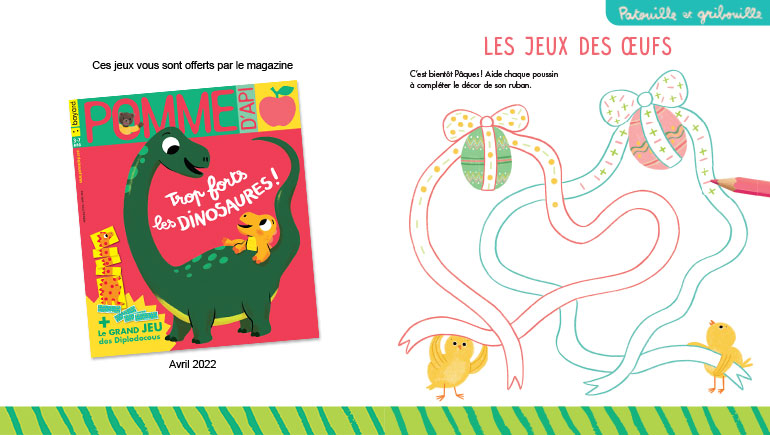 Les jeux des œufs. Pomme d’Api n°674, avril 2022. Illustrations : Natascha Rosenberg.