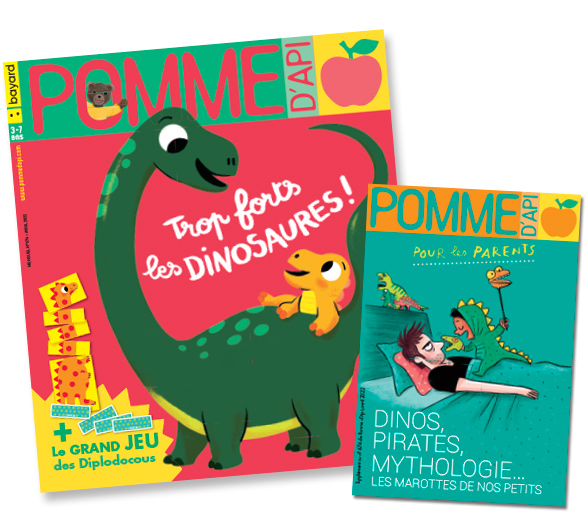 Couverture du magazine Pomme d'Api et son supplément pour les parents, n°674, avril 2022 - Trop forts les dinosaures !