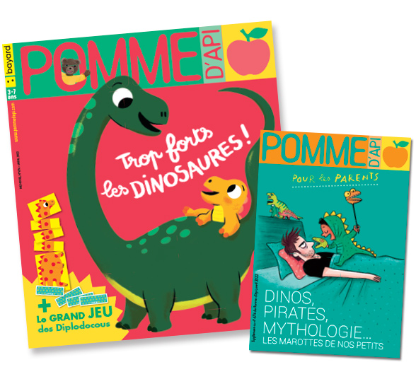 Couverture du magazine Pomme d'Api et son supplément pour les parents, n°674, avril 2022 - Trop forts les dinosaures !