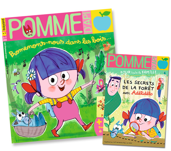 “À la découverte des secrets de la forêt avec Adélidélo”, supplément pour les parents du magazine Pomme d'Api n°675, mai 2022. Illustrations : Fred Benaglia.