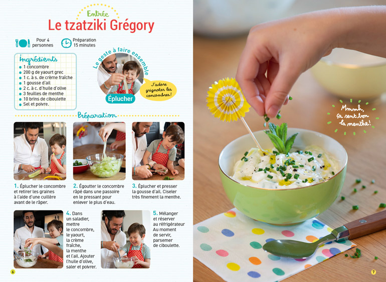 “Entrée : le tzatziki de Grégory Cohen”, supplément pour les parents du magazine Pomme d'Api n°677, juillet 2022. Photos : Benoît Teillet.