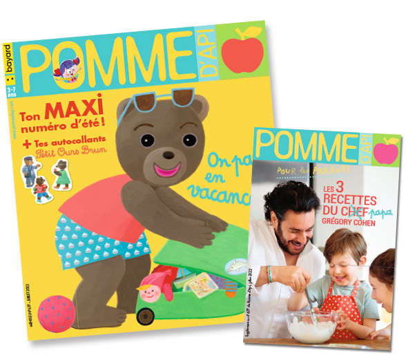 Couverture du magazine Pomme d'Api et son supplément pour les parents, n°677, juillet 2022 - Ton maxi numéro d'été + tes autocollants Petit Ours Brun - On part en vacances ! - 3 recettes du chef Grégory Cohen