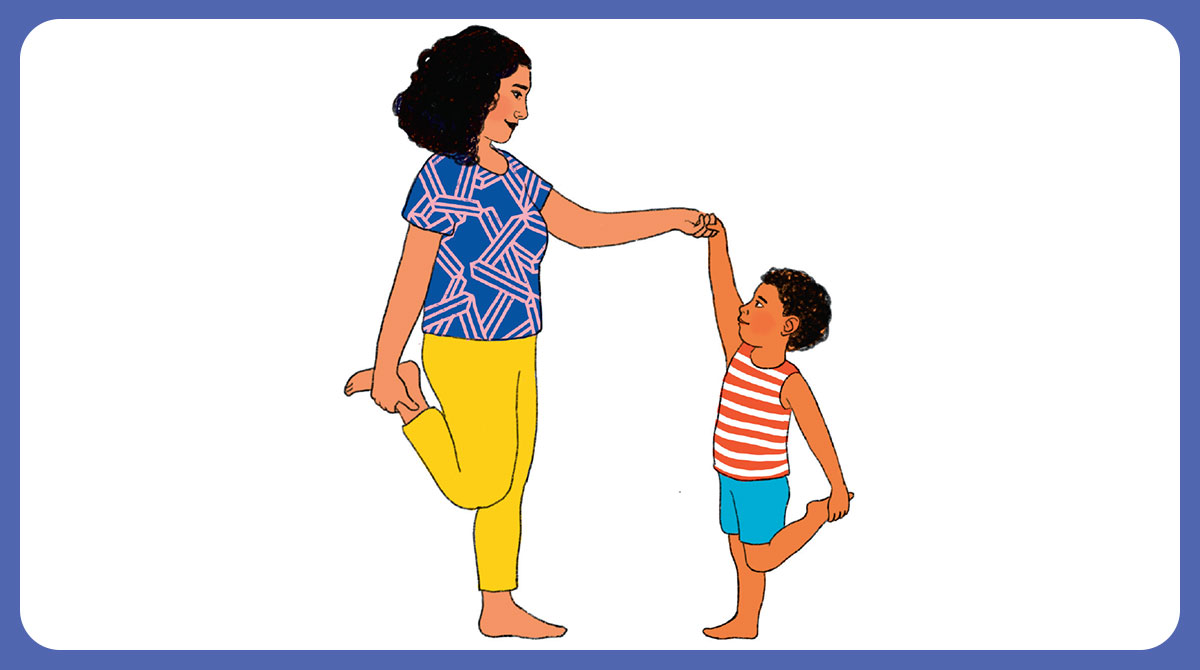 Une posture de yoga à faire avec votre enfant. © Illustrations : Ilya Green. “Petit yoga en duo”, supplément pour les parents du magazine Pomme d'Api n°679, septembre 2022.