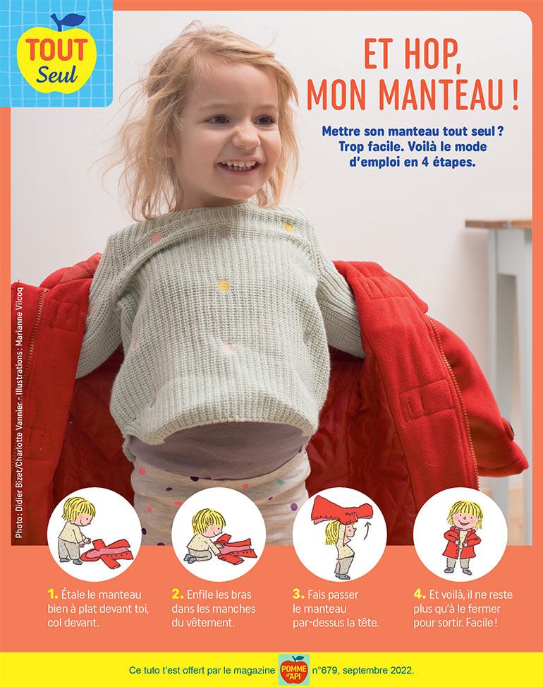 “Et hop, mon manteau !”, supplément pour les parents du magazine Pomme d'Api n°679, septembre 2022. Photo : Didier Bizet/Charlotte Vannier. Illustrations : Marianne Vilcoq.