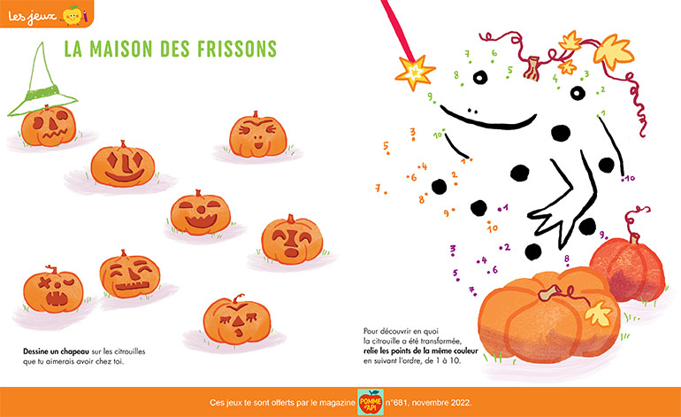 Coloriages et jeux : la maison des frissons. Pomme d’Api n°681, novembre 2022. Illustrations : Magali Bardos.