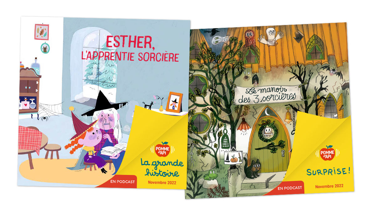 Images extraites de la Grande Histoire Esther, l'apprentie sorcière, écrite par Élise Rengot et illustrée par Héloïse Solt, ainsi que de la Surprise Le manoir des 3 sorcières, écrite par Marie-Pascale Nicolas-Cocagne et Mariane Olivier, illustrée par Clotilde Perrin. À découvrir dans le magazine Pomme d'Api n°681, novembre 2022.