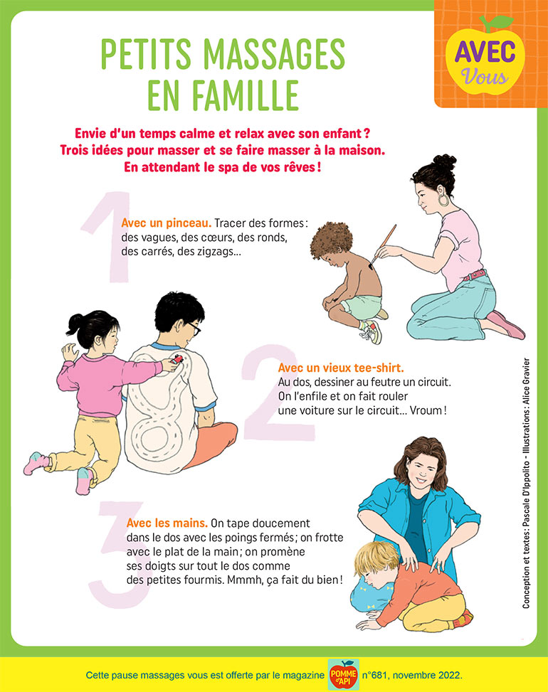 Petits massages en famille, supplément pour les parents du magazine Pomme d'Api n°681, novembre 2022. Illustrations : Alice Gravier.
