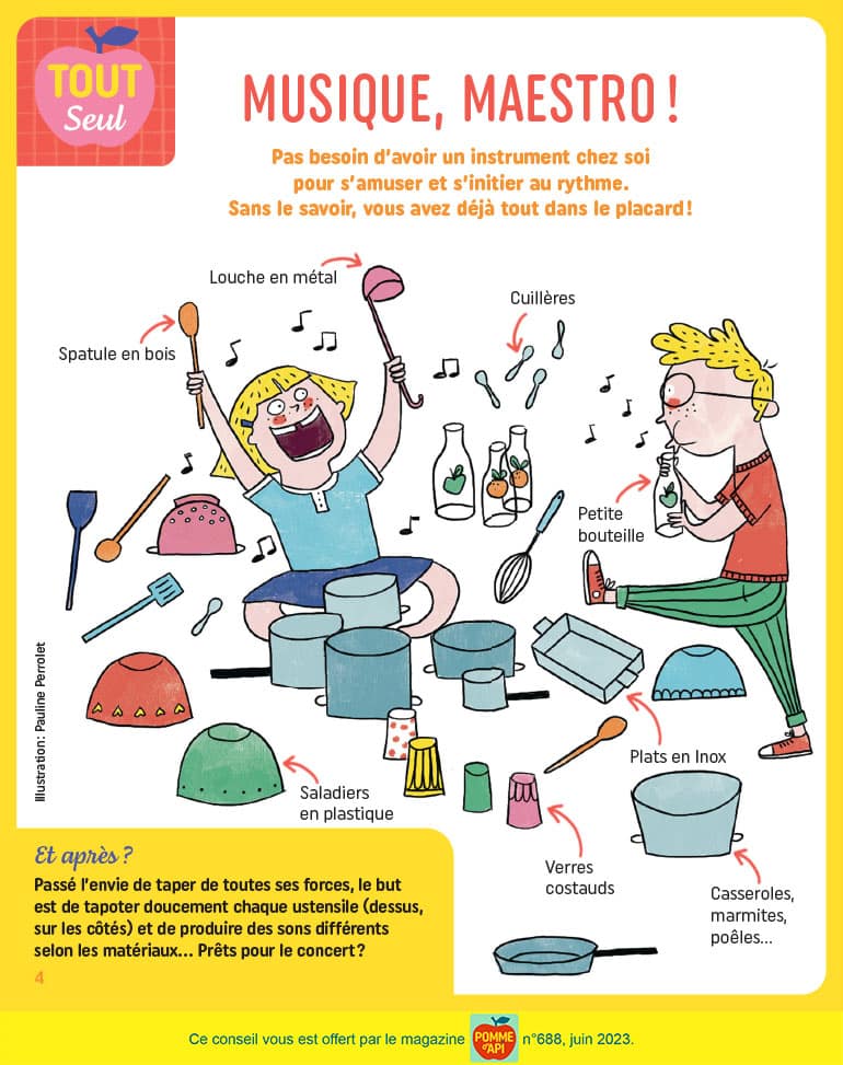 Musique, maestro !, supplément pour les parents du magazine Pomme d'Api n°688, juin 2023. Illustration : Pauline Perrolet.