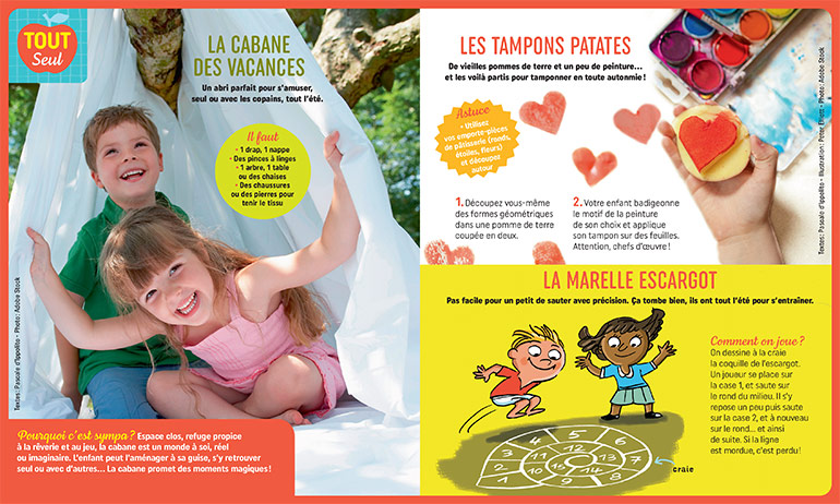 Pom' parents spécial vacances, 10 activités d'été pour les enfants. Pomme d'Api n°689, juillet 2023. Illustrations : Peter Elliott. Photos : Adobe Stock.