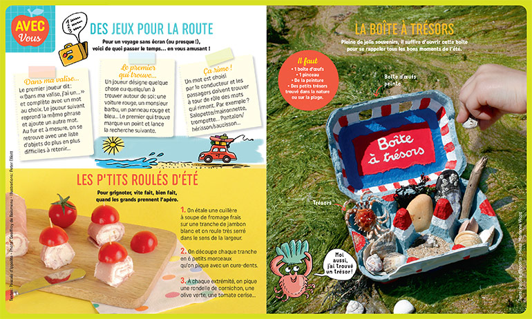 Pom' parents spécial vacances, 10 activités d'été pour les enfants. Pomme d'Api n°689, juillet 2023. Illustrations : Peter Elliott. Photos : Geoffroy de Boismenu - Marianne Vilcoq.