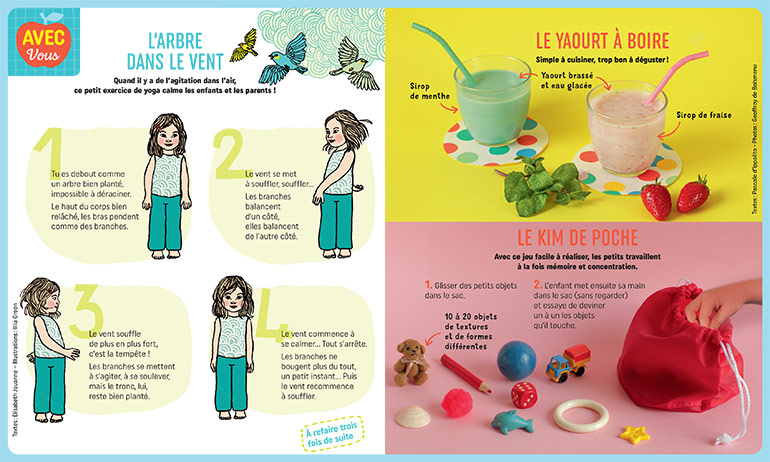 Pom' parents spécial vacances, 10 activités d'été pour les enfants. Pomme d'Api n°689, juillet 2023. Yoga : Illustration : Illia Green. Photos : Geoffroy de Boismenu.