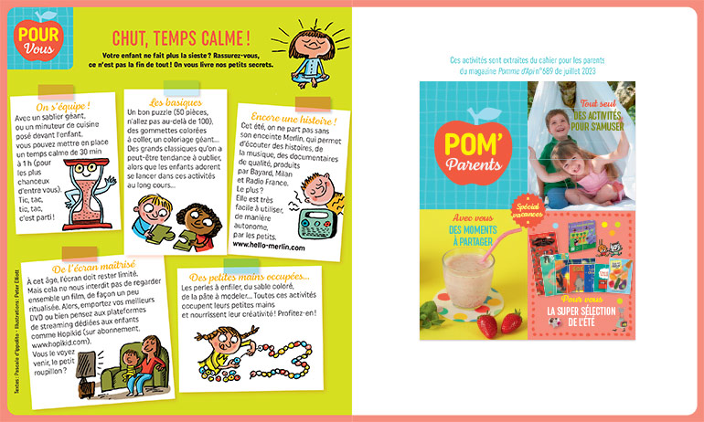 Pom' parents spécial vacances, 10 activités d'été pour les enfants. Pomme d'Api n°689, juillet 2023. Yoga : Illustration : Peter Elliott.