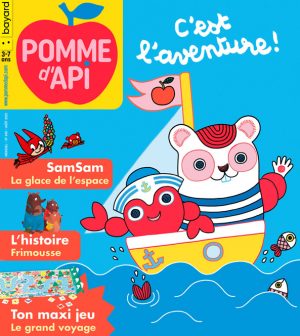 Couverture du magazine Pomme d'Api n° 690, août 2023 - C'est l'aventure ! SamSam : “La glace de l'espace” - L'histoire : “Frimousse” - Ton maxi jeu : “Le grand voyage”.