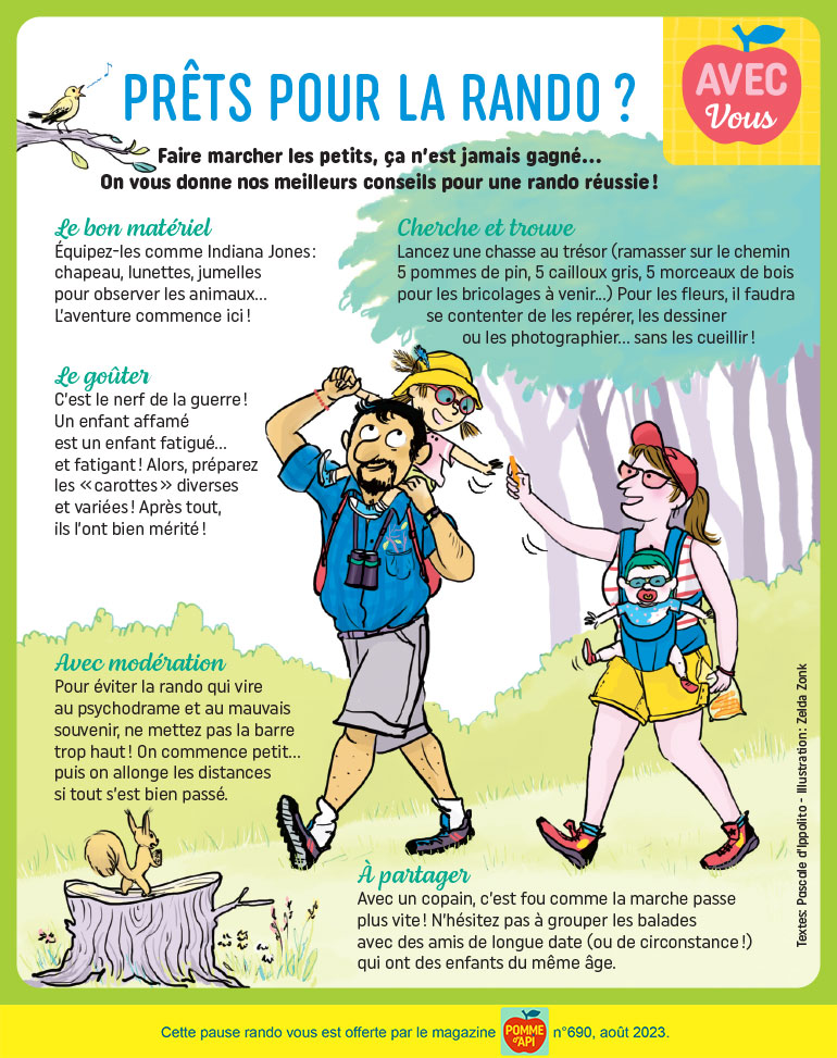 Prêts pour la rando ?, supplément pour les parents du magazine Pomme d'Api n°690, août 2023. Illustration : Zelda Zonk.