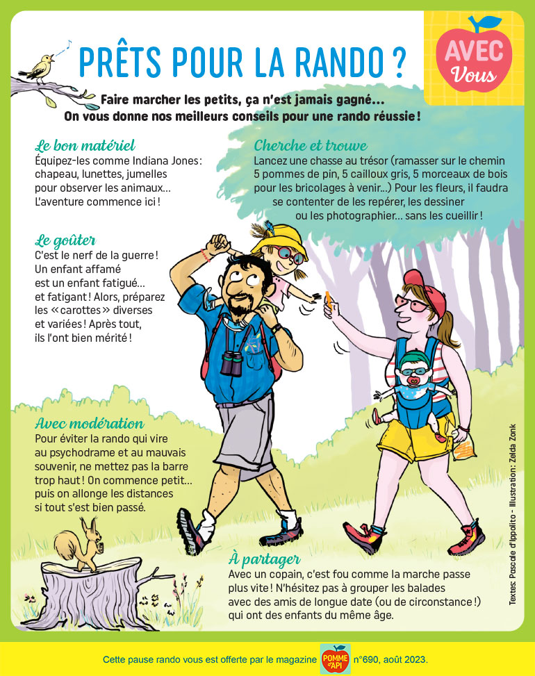 Prêts pour la rando ?, supplément pour les parents du magazine Pomme d'Api n°690, août 2023. Illustration : Zelda Zonk.