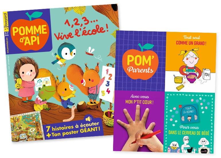 Couverture du magazine Pomme d'Api n° 691, septembre 2023 - 1, 2, 3… Vive l'école ! 7 histoires + 1 poster géant ! - Supplément pour les parents : “Comme un grand !” - Mon p'tit cœur , une astuce pour affronter la rentrée - “Y en a là-dedans !”, un podcast dédié au cerveau des bébés. Coups de cœur de la rédaction.