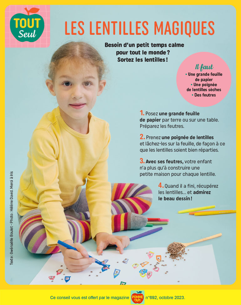 Les lentilles magiques, supplément pour les parents du magazine Pomme d'Api n°692, octobre 2023. Photo : Hélène David.