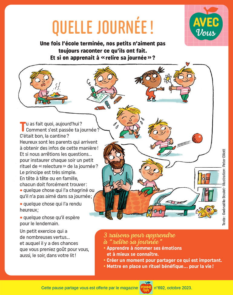 Quelle journée !, supplément pour les parents du magazine Pomme d'Api n°692, octobre 2023. Illustration : Peter Elliott.