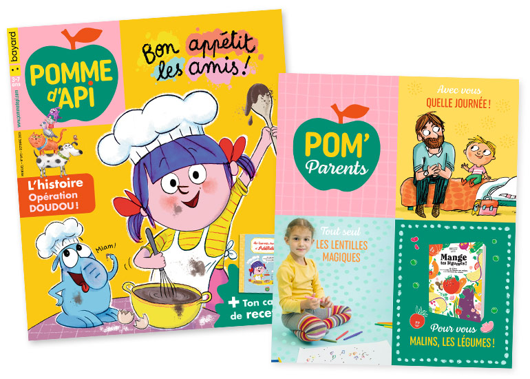 Couverture du magazine Pomme d'Api n° 692, octobre 2023 - Bon appétit les amis ! Un carnet de recettes Adélidélo - Histoire : opération doudou ! - Supplément pour les parents : un tuto détente de lentilles magiques - des conseils pour aider son enfant à raconter sa journée - un livre de recettes pour faire aimer les légumes - les coups de cœur de la rédaction.