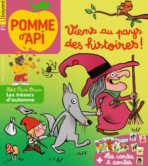 Couverture du magazine Pomme d'Api n° 693, novembre 2023 - Viens au pays des histoires ! Petit Ours Brun, les trésors d'automne + Les cartes à contes