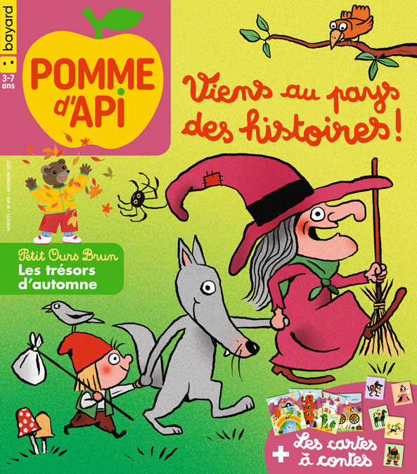 Couverture du magazine Pomme d'Api n° 693, novembre 2023 - Viens au pays des histoires ! Petit Ours Brun, les trésors d'automne + Les cartes à contes