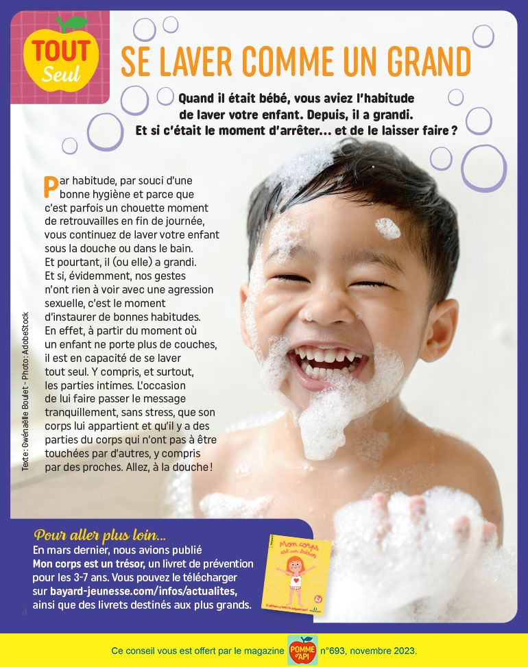 Se laver comme un grand, supplément pour les parents du magazine Pomme d'Api n°693, novembre 2023. Photo : AdobeStock.