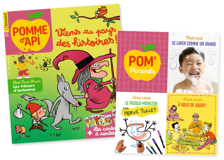 Couverture du magazine Pomme d'Api n° 693, novembre 2023 - Viens au pays des histoires ! Petit Ours Brun, les trésors d'automne + Les cartes à contes - Supplément pour les parents : autonomie : se laver tout seul comme un grand - À faire avec vous : le rigolo-monstre par Hervé Tullet - Pour vous : une sélection de jeux de société rien que pour les parents - Les coups de cœur de la rédaction.