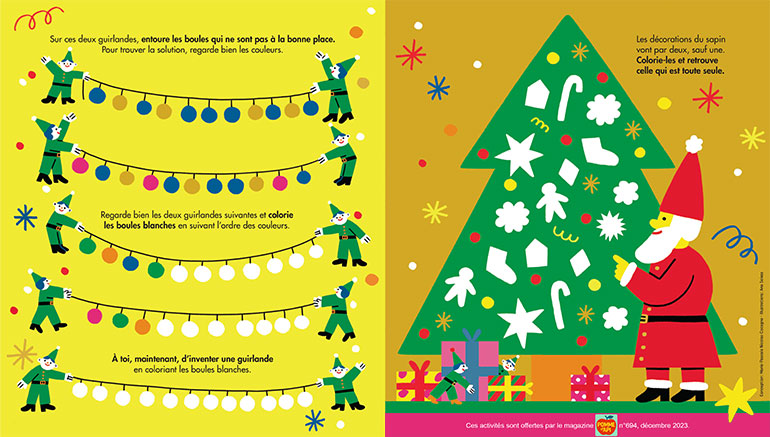 Coloriages et jeux de Noël : Au travail, les lutins !, extraits du magazine Pomme d’Api n°694, décembre 2023. Illustration : Ana Seixas.
