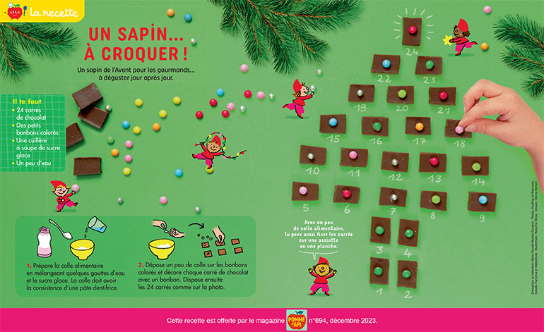 Recette : un sapin… à croquer !, Pomme d'Api n° 694, décembre 2023. Photos : Geoffroy de Boismenu, Isabelle Franciosa et AdobeStock. Illustrations : Marianne Vilcoq. Croquis : Héloïse Romain.