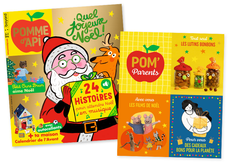 Couverture du magazine Pomme d'Api n° 694, décembre 2023 - Quel joyeux Noël ! 24 histoires pour attendre Noël en musique + ta maison Calendrier de l'Avent - Petit Ours Brun aime Noël - Supplément pour les parents : bricolage les lutins bonbons, sélection de films de Noël, cadeaux bons pour la planète.